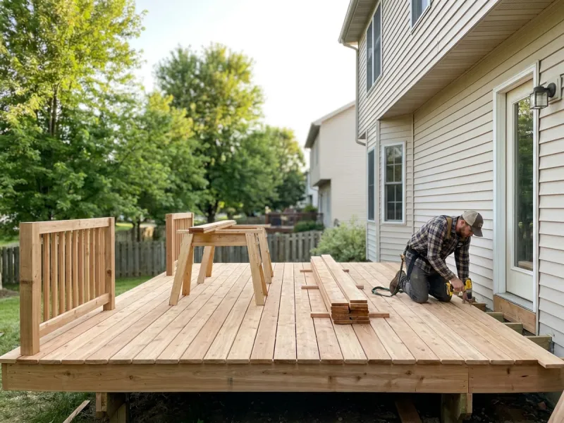 Carpenter fastening boards on a newly built cedar deck