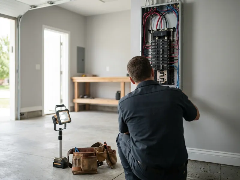 Electrician working inside an open residential breaker panel