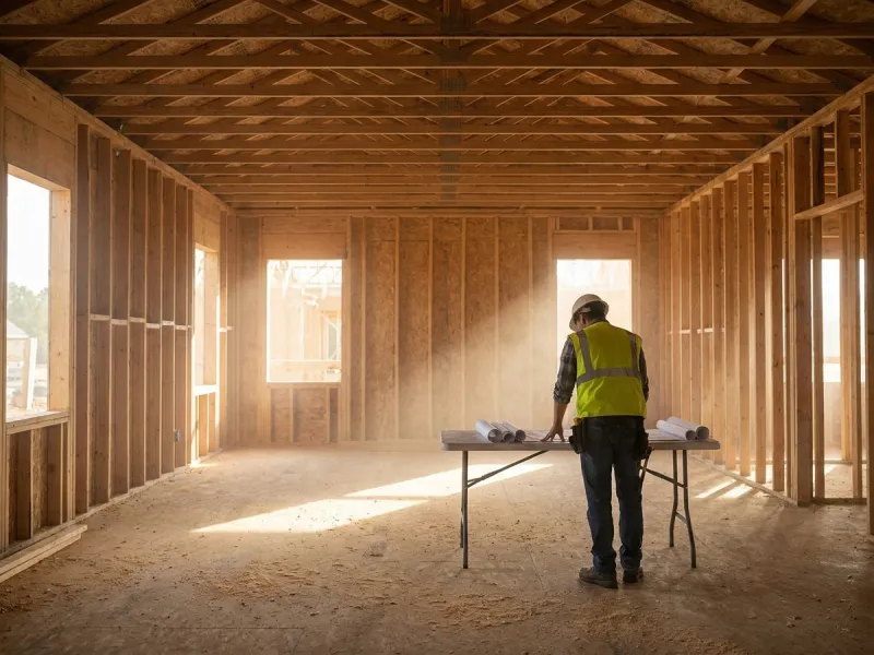 Contractor reviewing blueprints inside a house under construction