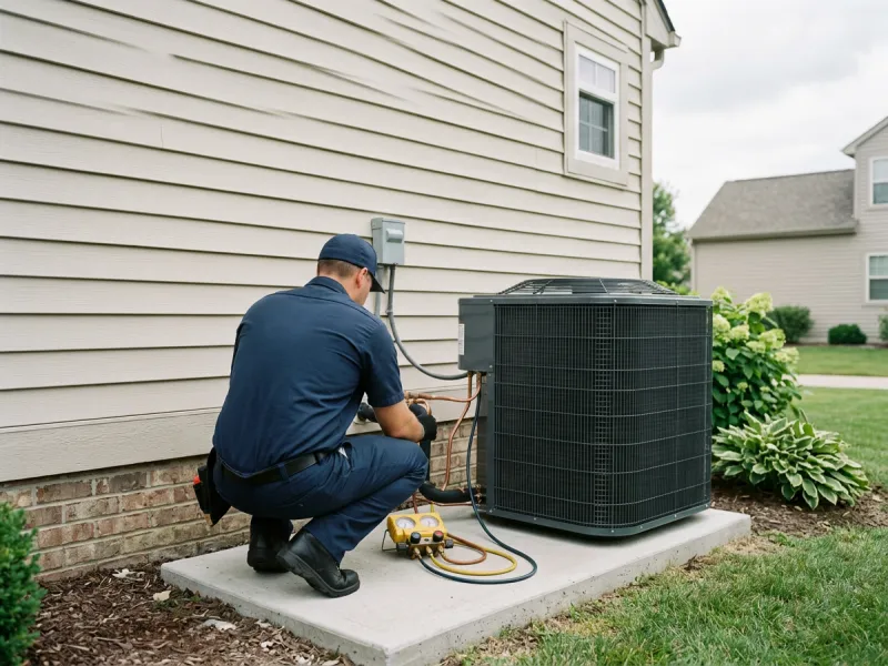 HVAC technician servicing an outdoor air conditioning condenser unit