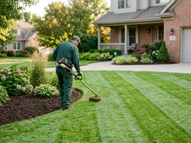 Landscaper edging a freshly mowed suburban lawn with clean mower stripes