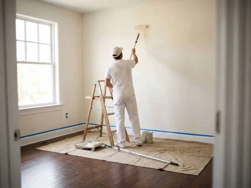 Painter rolling a fresh coat of paint onto an interior wall
