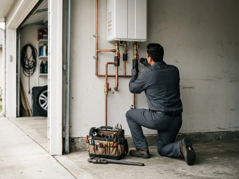 Plumber servicing a tankless water heater and copper supply lines