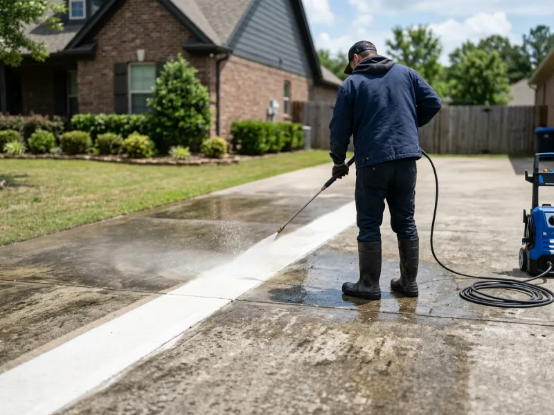 Worker pressure washing a concrete driveway clean