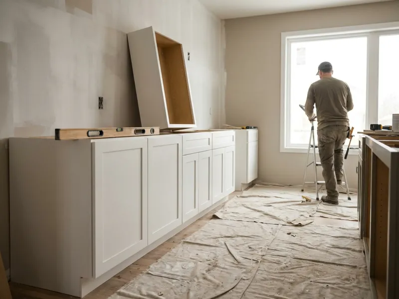 Kitchen mid-remodel with new white shaker cabinets being installed
