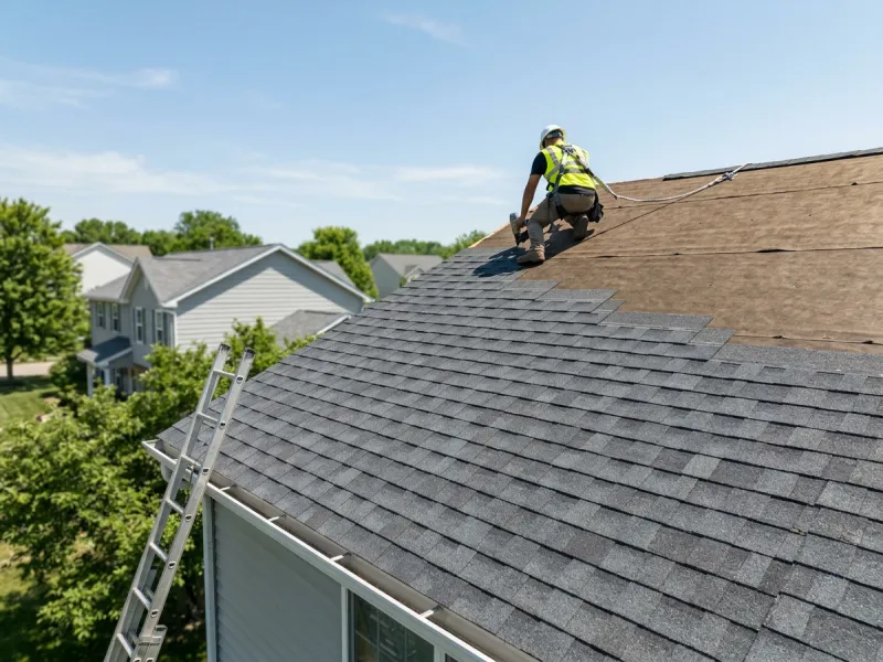 Roofer installing new architectural shingles on a suburban home