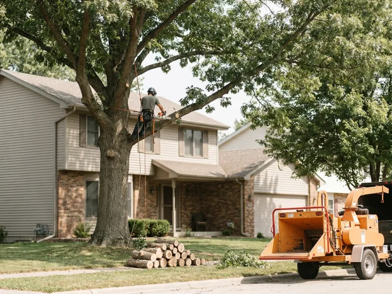 Arborist roped into a mature tree trimming a large limb